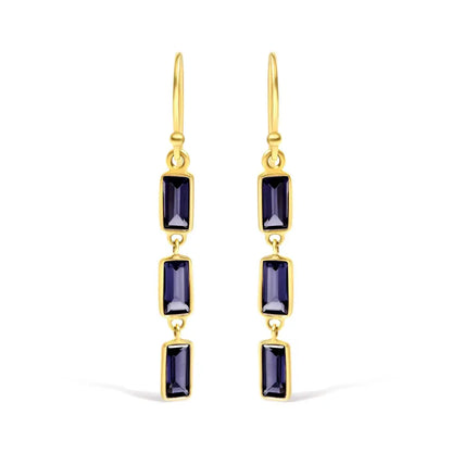 Exquisite 18k Yellow Gold Baguette Iolite Stiletto Dangle Earrings