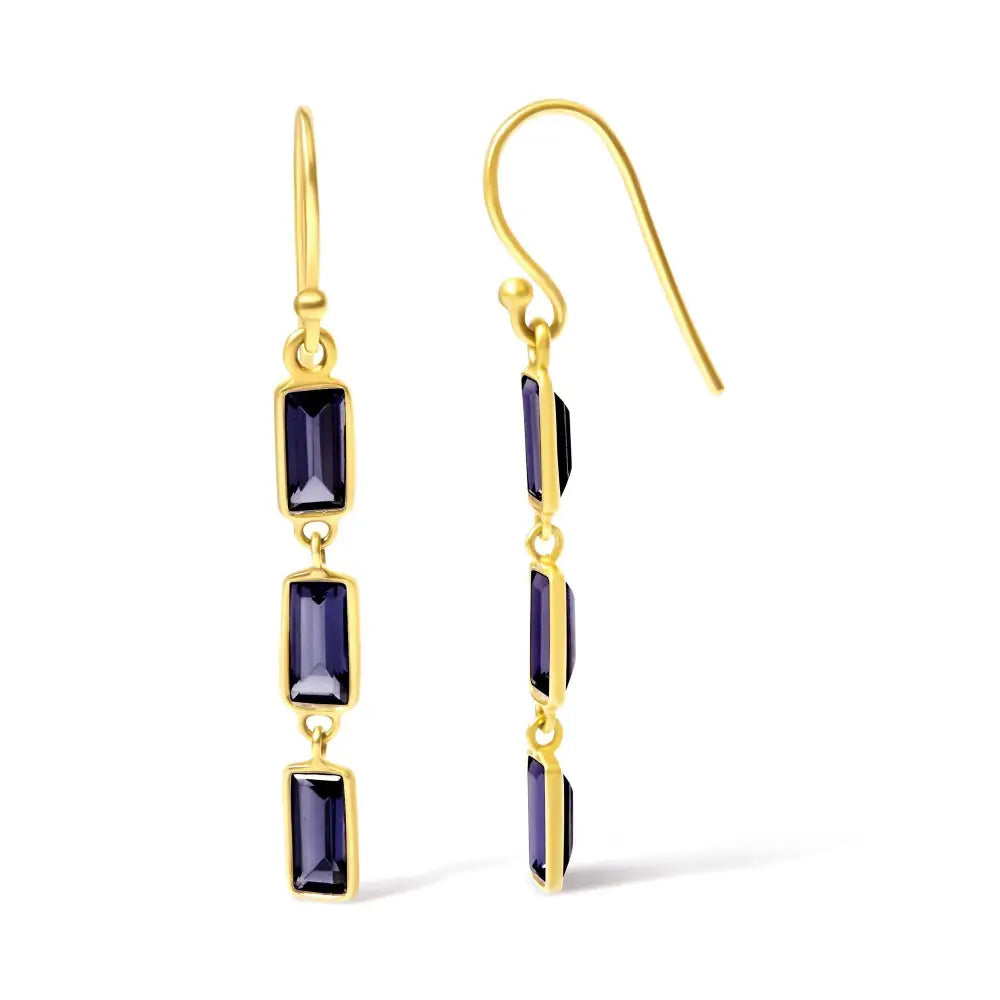 Exquisite 18k Yellow Gold Baguette Iolite Stiletto Dangle Earrings