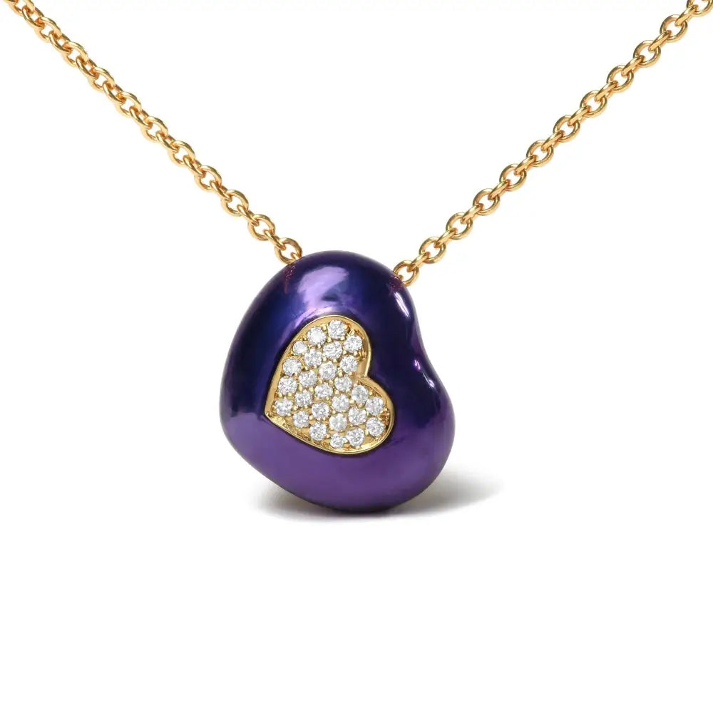 Exquisite 18k Yellow Gold Blue Enamel Round Pave Diamonds Heart Pendant