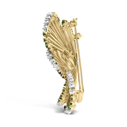 Exquisite 18k Yellow Gold Emerald Sculpted Petal Brooch with Diamonds