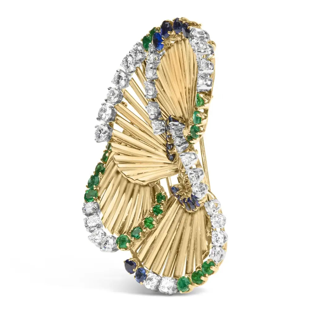 Exquisite 18k Yellow Gold Emerald Sculpted Petal Brooch with Diamonds