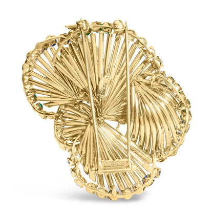 Exquisite 18k Yellow Gold Emerald Sculpted Petal Brooch with Diamonds