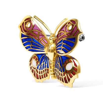 Exquisite 18k Yellow Gold Enameled Butterfly Brooch Pin - Brooches