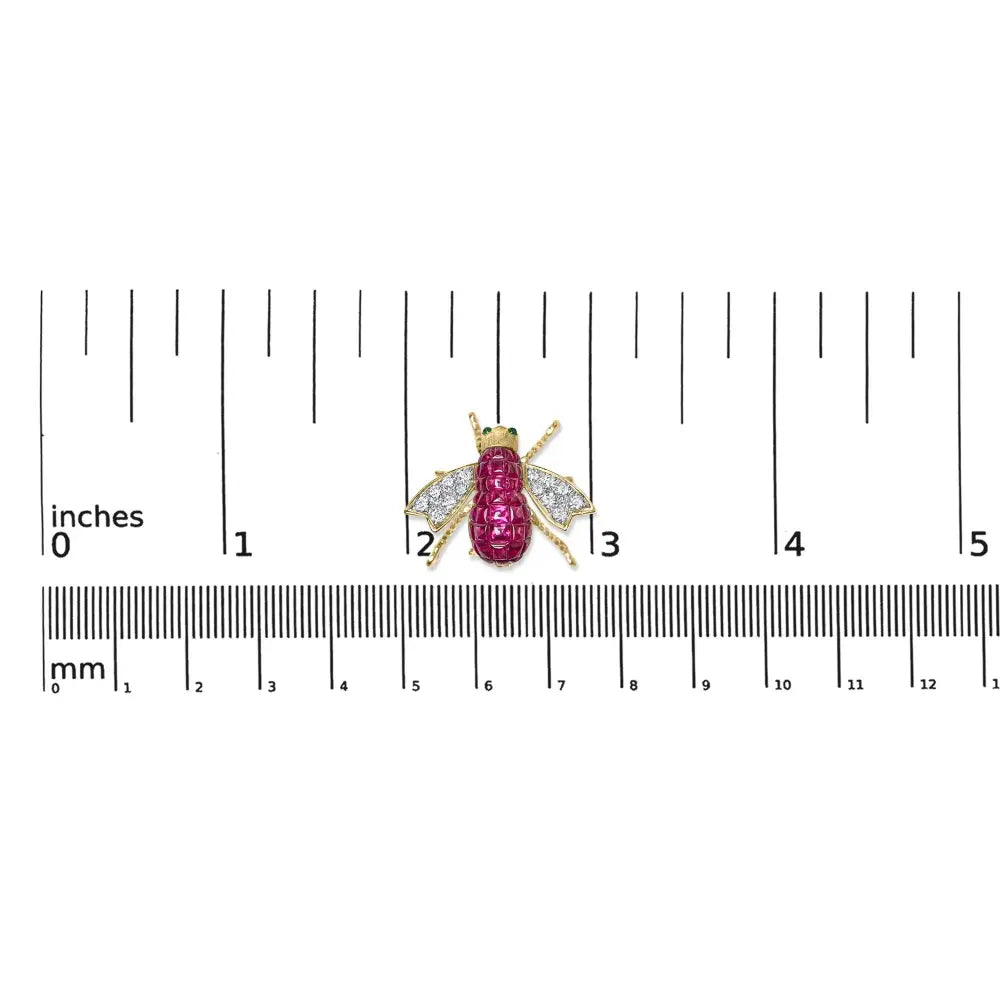 Exquisite 18k Yellow Gold Red Ruby Bumblebee Brooch Pin with Diamonds