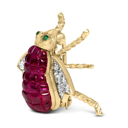 Exquisite 18k Yellow Gold Red Ruby Bumblebee Brooch Pin with Diamonds