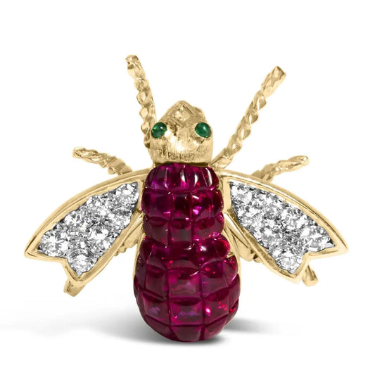 Exquisite 18k Yellow Gold Red Ruby Bumblebee Brooch Pin with Diamonds