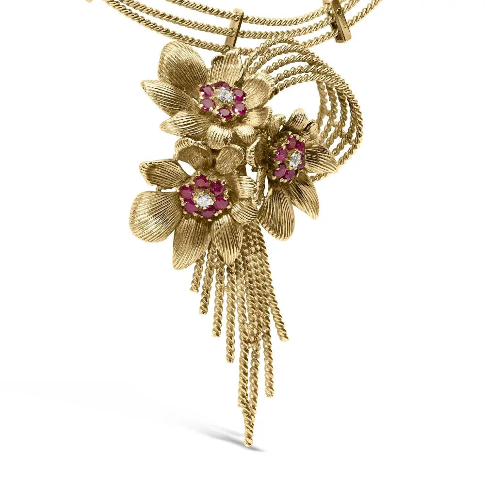 Exquisite 18k Yellow Gold Red Ruby Floral Cascade Statement Necklace