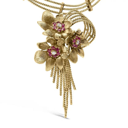 Exquisite 18k Yellow Gold Red Ruby Floral Cascade Statement Necklace