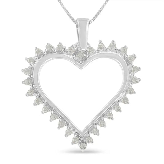 Exquisite 3-prong Diamond Open Heart Pendant Necklace in Sterling Silver