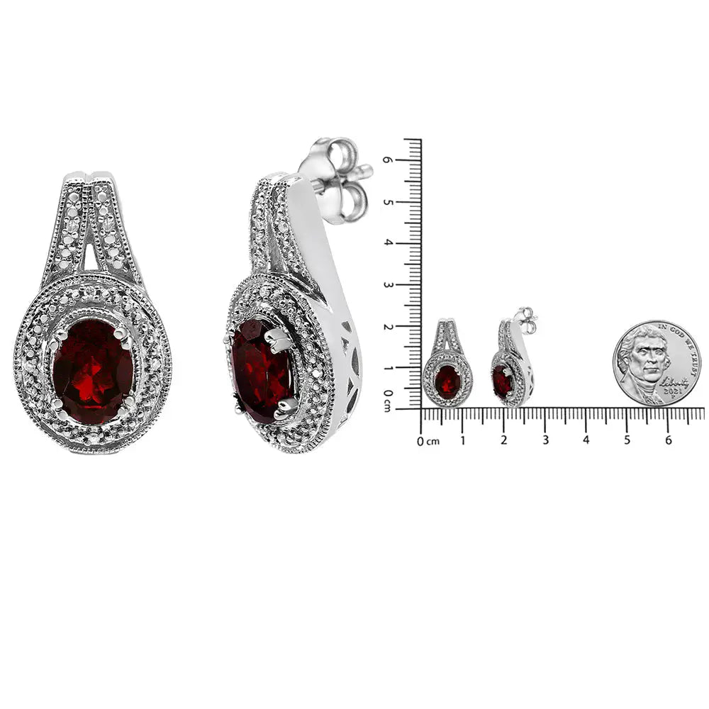 Exquisite 8x6mm Red Oval Garnet Studs in Sterling Silver Diamond Accent