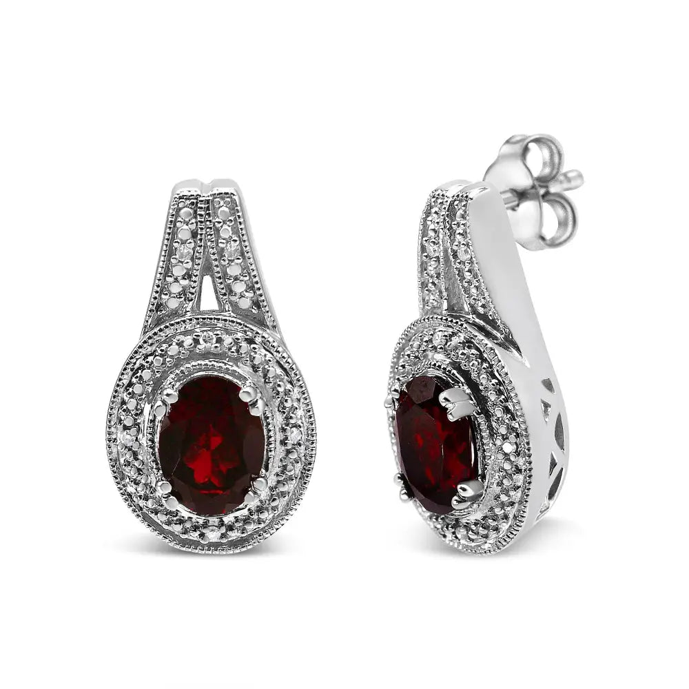 Exquisite 8x6mm Red Oval Garnet Studs in Sterling Silver Diamond Accent