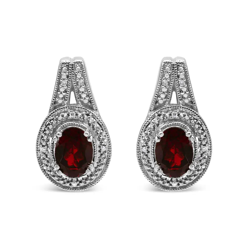 Exquisite 8x6mm Red Oval Garnet Studs in Sterling Silver Diamond Accent