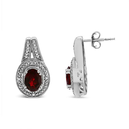 Exquisite 8x6mm Red Oval Garnet Studs in Sterling Silver Diamond Accent