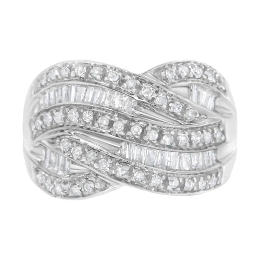 Exquisite.925 Sterling Silver Channel Set Alternating Diamond Bypass Ring Band