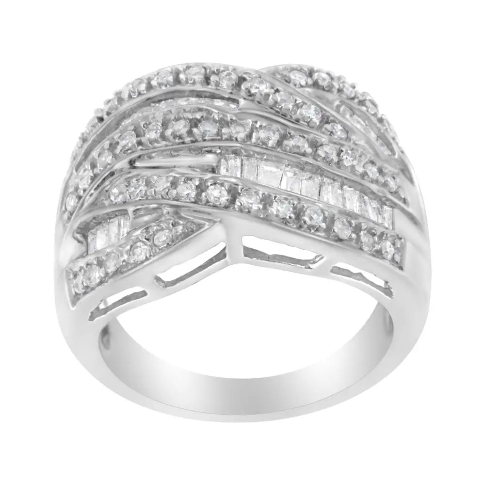 Exquisite.925 Sterling Silver Channel Set Alternating Diamond Bypass Ring Band