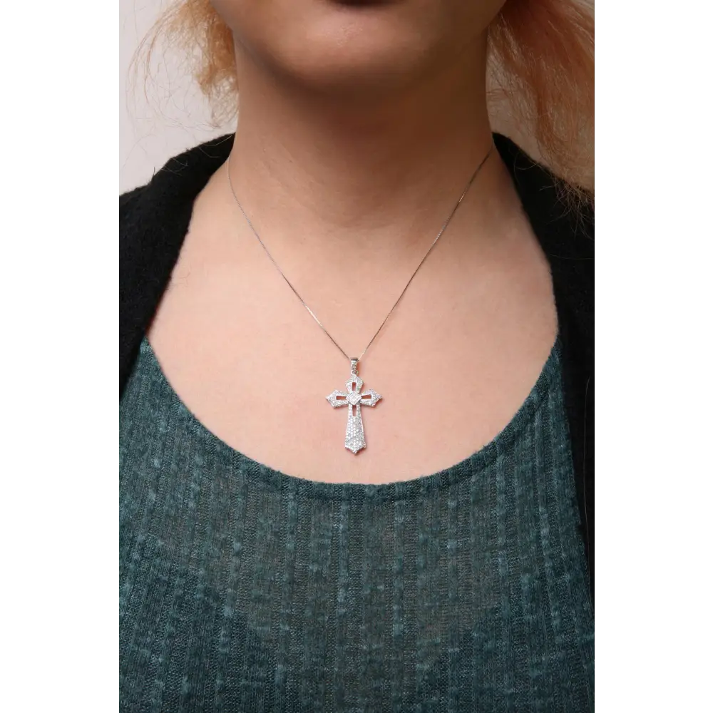 18in.925 Sterling Silver 1.00 Cttw Diamond Fleur De Lis Cross Pendant Necklace