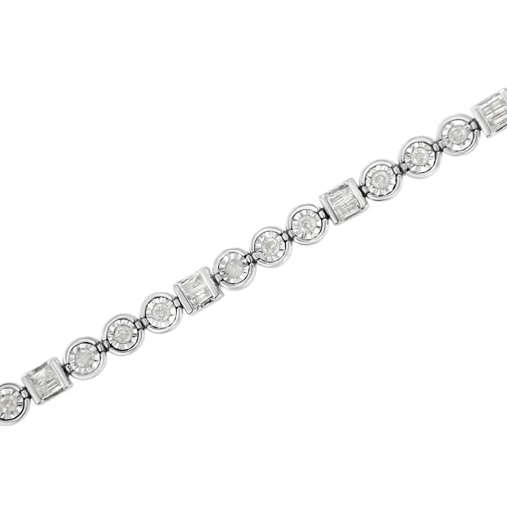 Exquisite.925 Sterling Silver Diamond Link Bracelet with Channel Set Baguette