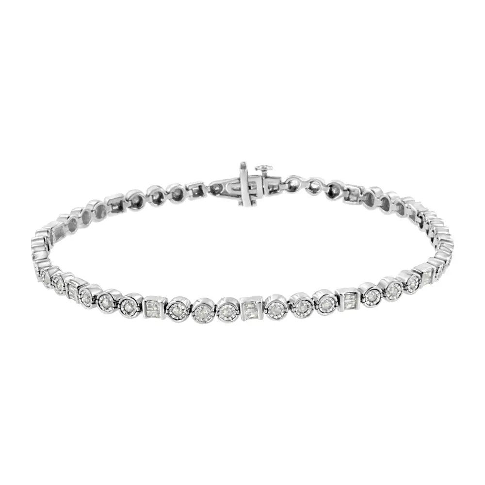 Exquisite.925 Sterling Silver Diamond Link Bracelet with Channel Set Baguette