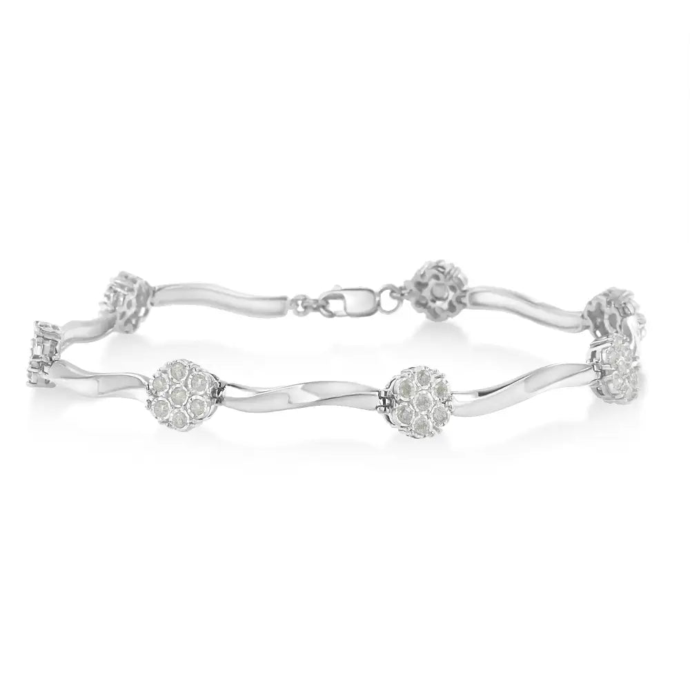 Exquisite.925 Sterling Silver Floral Cluster Link Bracelet with Diamonds