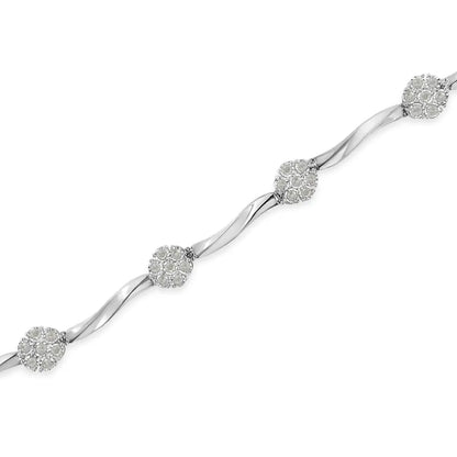 Exquisite.925 Sterling Silver Floral Cluster Link Bracelet with Diamonds