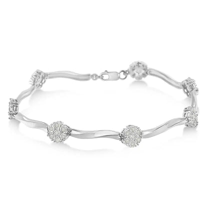 Exquisite.925 Sterling Silver Floral Cluster Link Bracelet with Diamonds