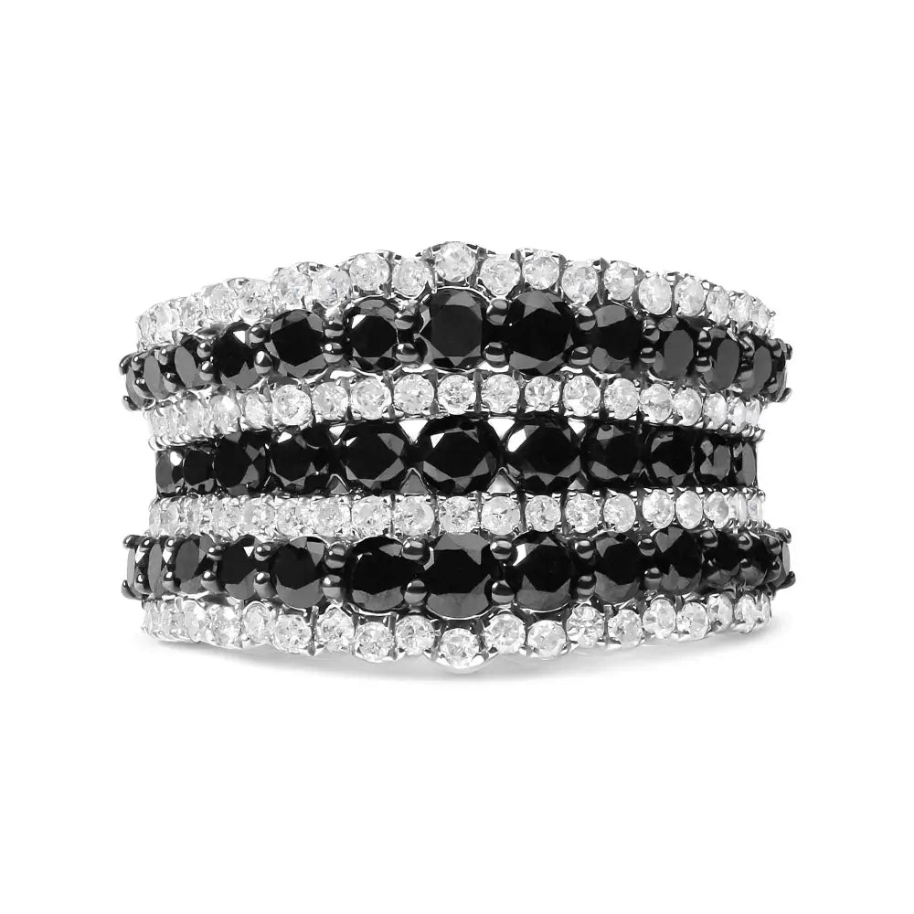 Exquisite.925 Sterling Silver Multi Row Band Ring with Treated Black Diamonds