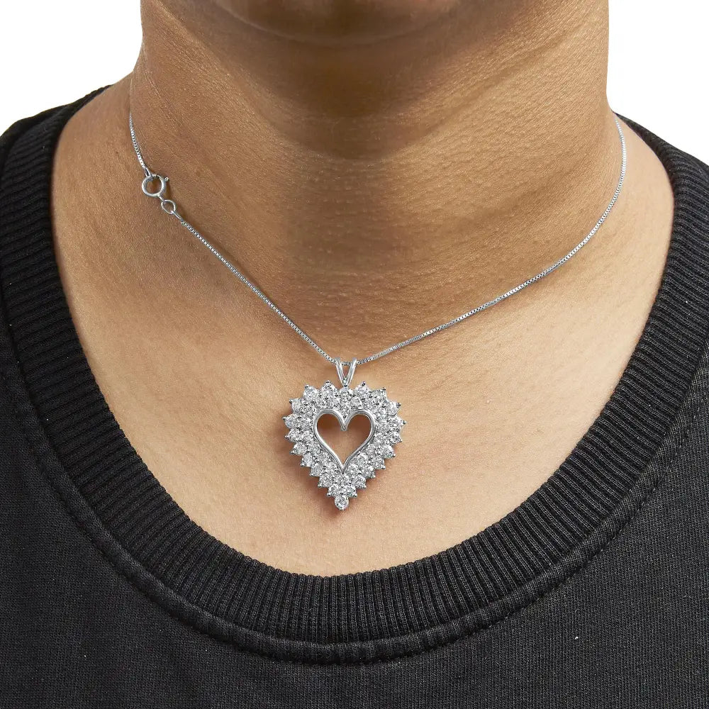 Exquisite 925 Sterling Silver Open Heart Pendant with 4.0 Cttw Diamonds - White