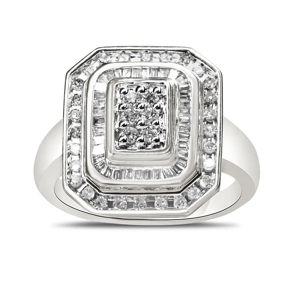 Exquisite.925 Sterling Silver Round and Baguette Diamond Ring