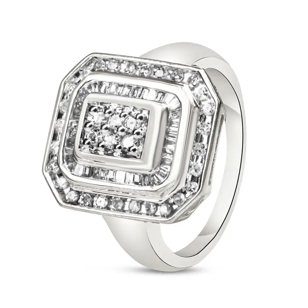 Exquisite.925 Sterling Silver Round and Baguette Diamond Ring