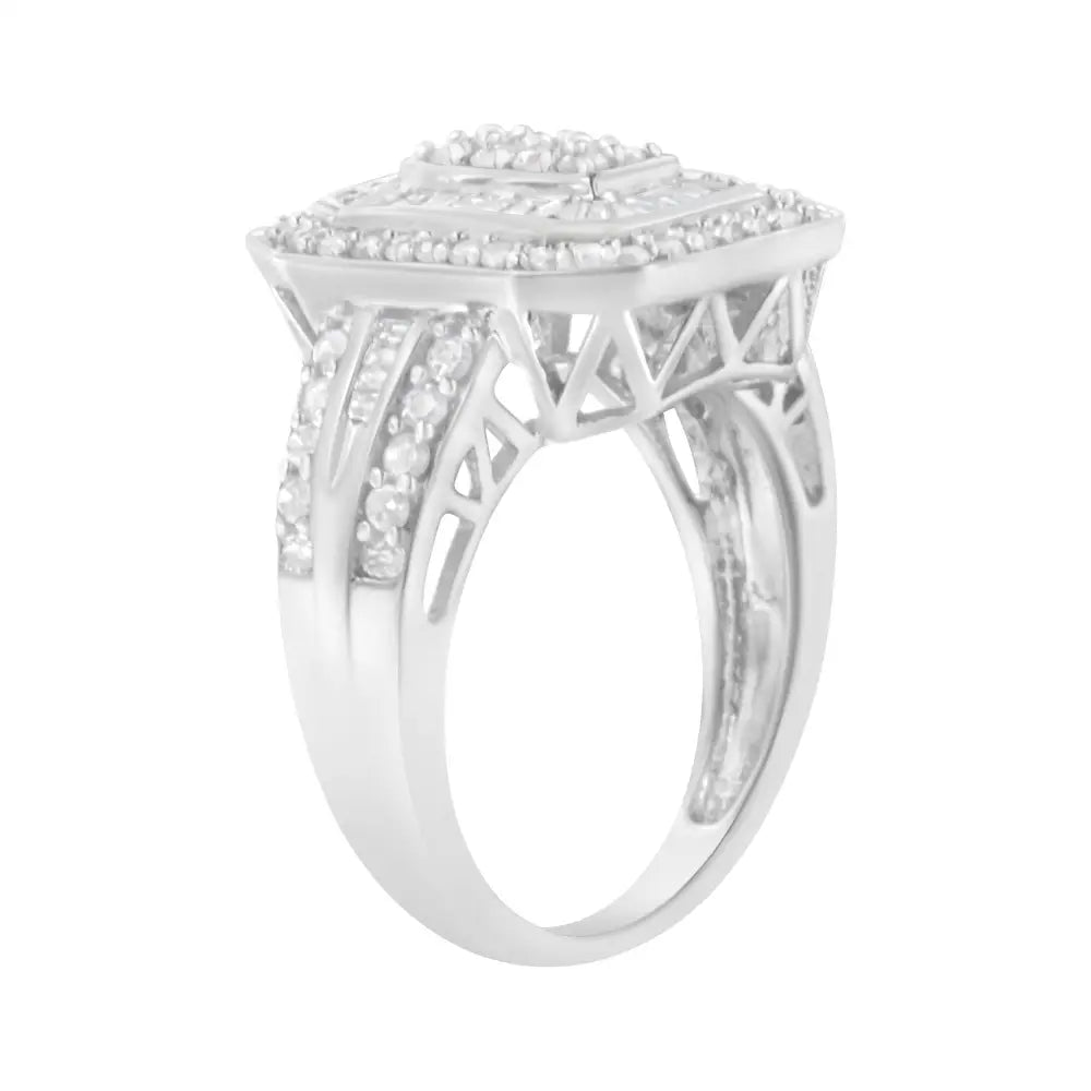 Exquisite.925 Sterling Silver Round Baguette Diamond Cathedral Ring