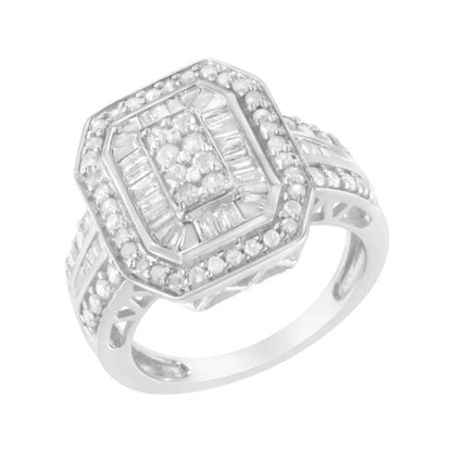 Exquisite.925 Sterling Silver Round Baguette Diamond Cathedral Ring