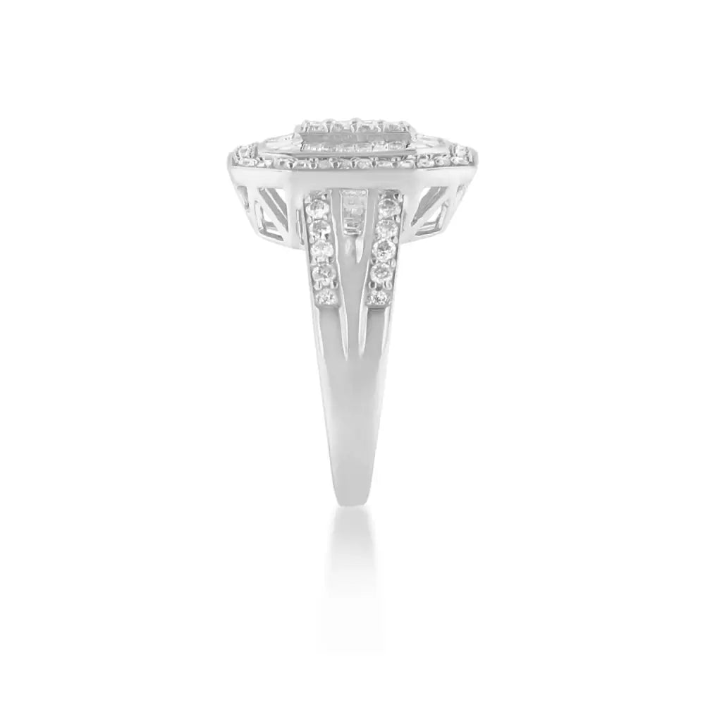 Exquisite.925 Sterling Silver Round Baguette Diamond Cathedral Ring