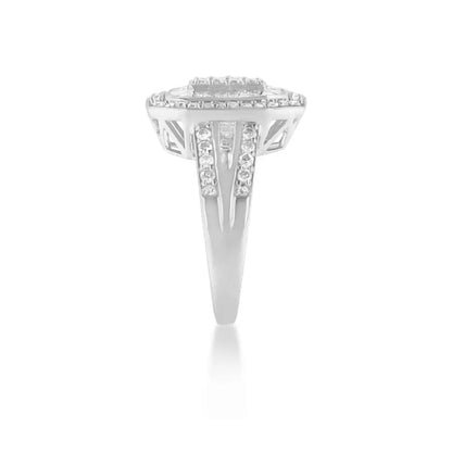 Exquisite.925 Sterling Silver Round Baguette Diamond Cathedral Ring