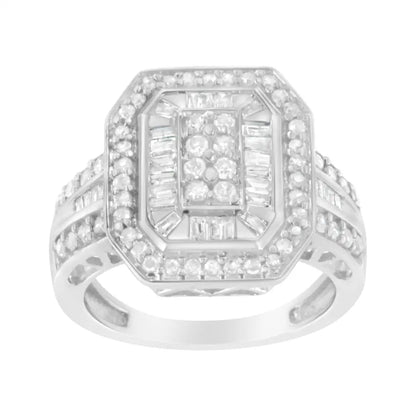 Exquisite.925 Sterling Silver Round Baguette Diamond Cathedral Ring