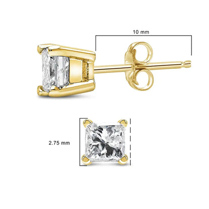 Exquisite Ags Certified 14k Yellow Gold 4-prong Set Princess-cut Stud Earrings