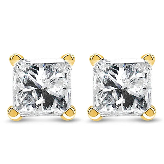 Exquisite Ags Certified 14k Yellow Gold 4-prong Set Princess-cut Stud Earrings