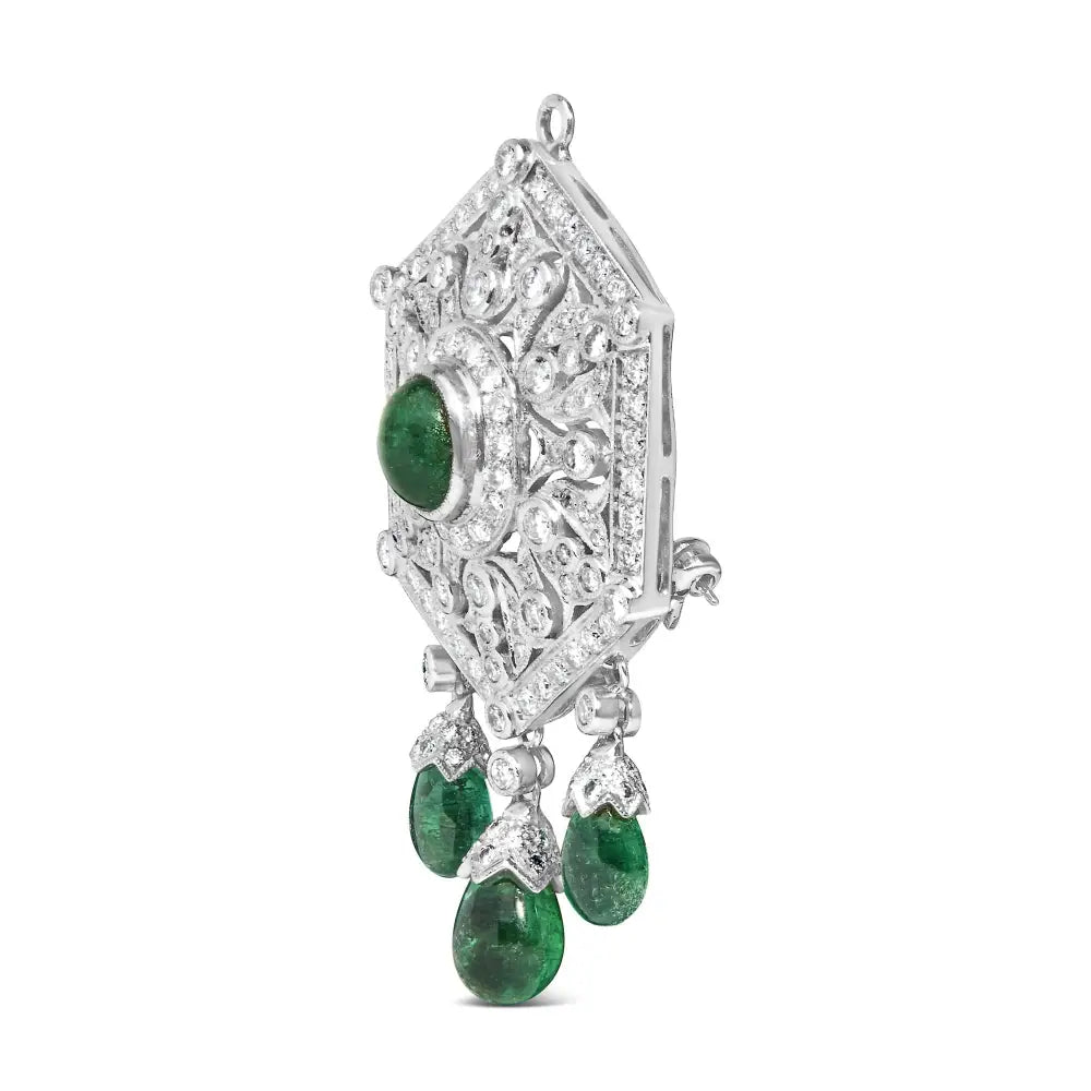 Exquisite Art Deco Shield Brooch with Emerald Dangle and Diamonds - Brooches