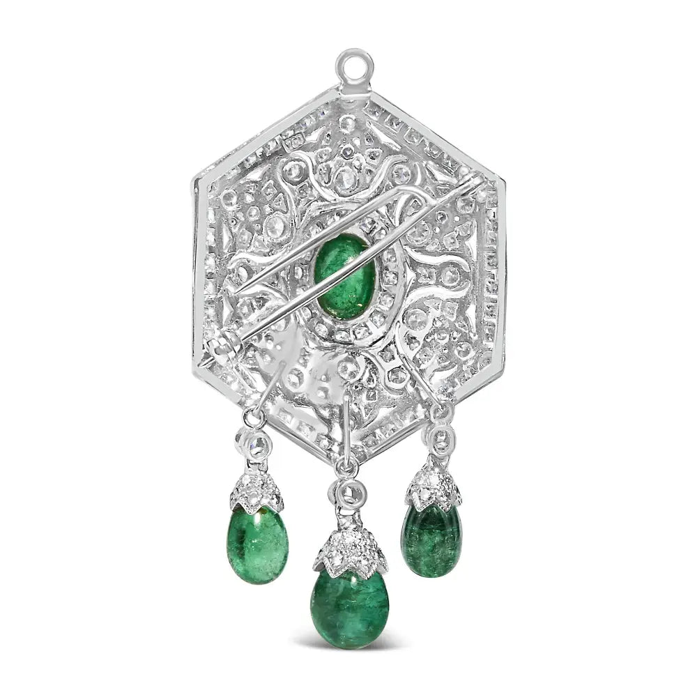 Exquisite Art Deco Shield Brooch with Emerald Dangle and Diamonds - Brooches