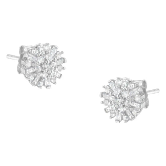 Exquisite Baguette Diamond Sunburst Floral Cluster Stud Earrings