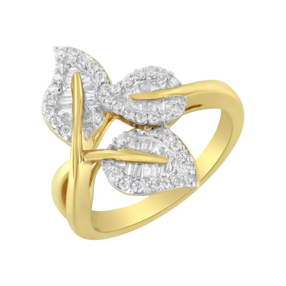 Exquisite Bypass Triple Leaf Ring with Round and Baguette Diamonds