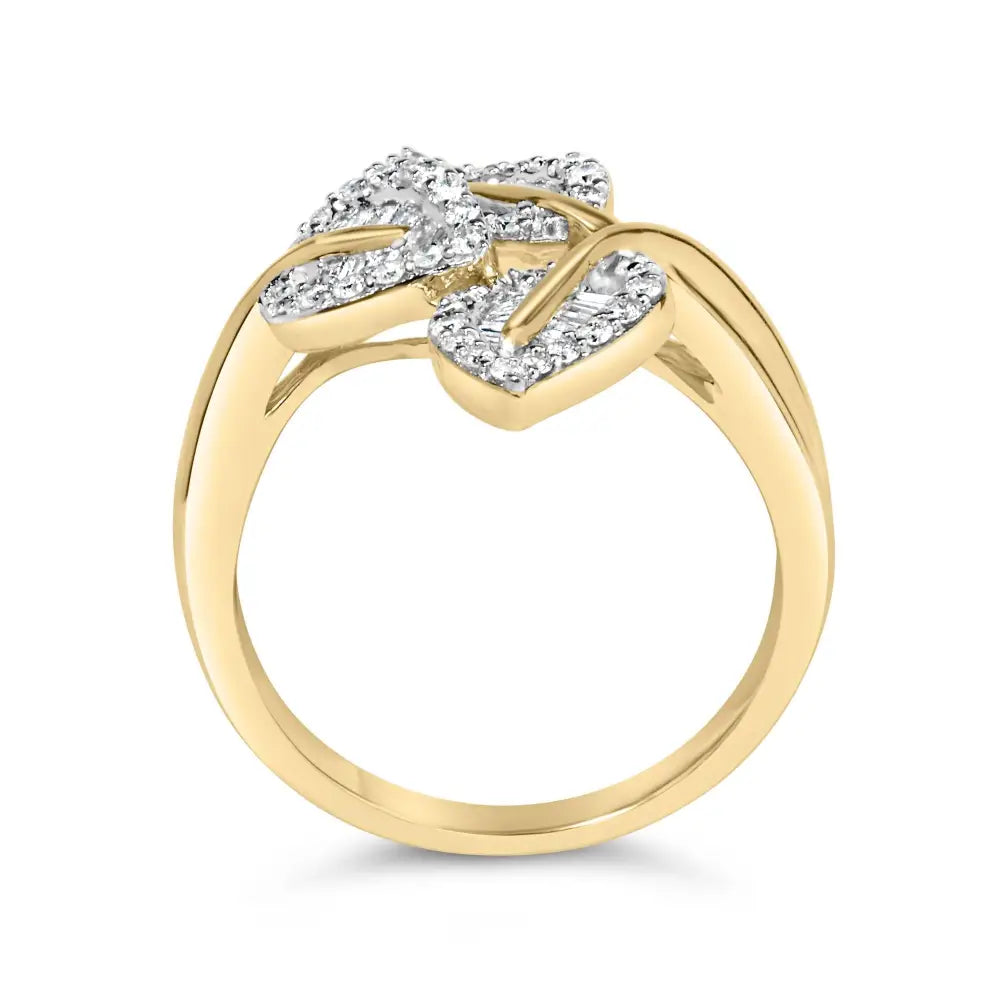 Exquisite Bypass Triple Leaf Ring with Round and Baguette Diamonds