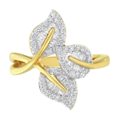 Exquisite Bypass Triple Leaf Ring with Round and Baguette Diamonds