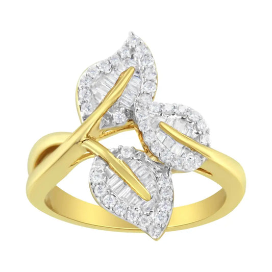 Exquisite Bypass Triple Leaf Ring with Round and Baguette Diamonds