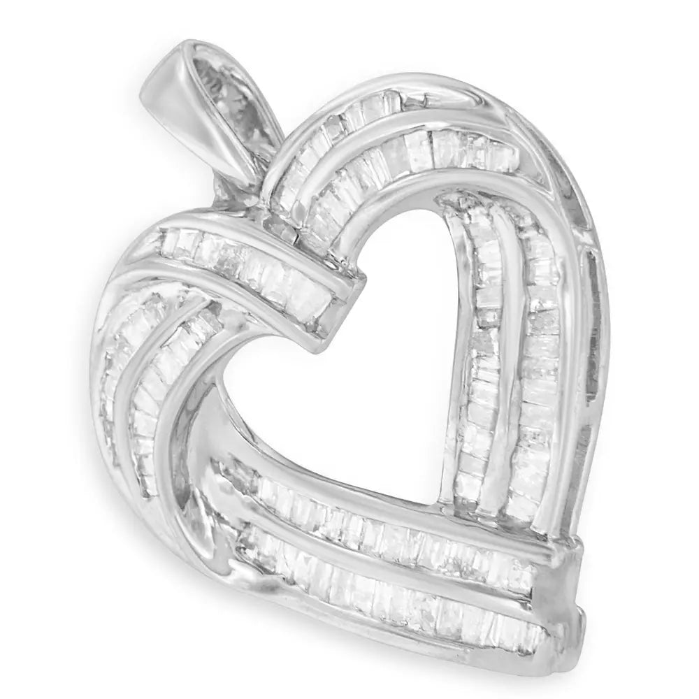 Exquisite Cttw Baguette Diamond Heart Pendant Necklace in Sterling Silver