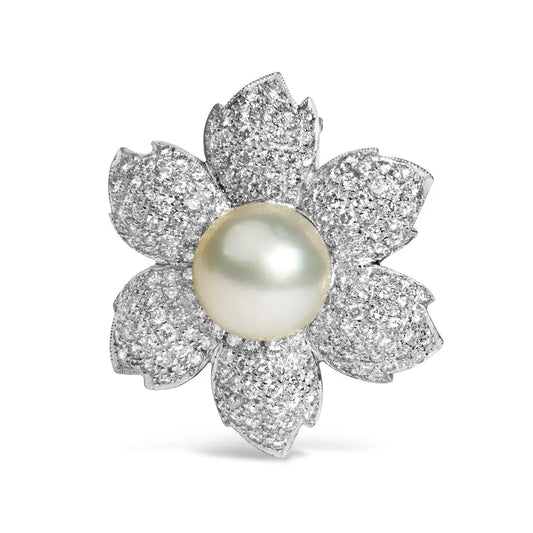 Exquisite Cultured Freshwater Pearl Floral Brooch Pin with Diamonds - Brooches