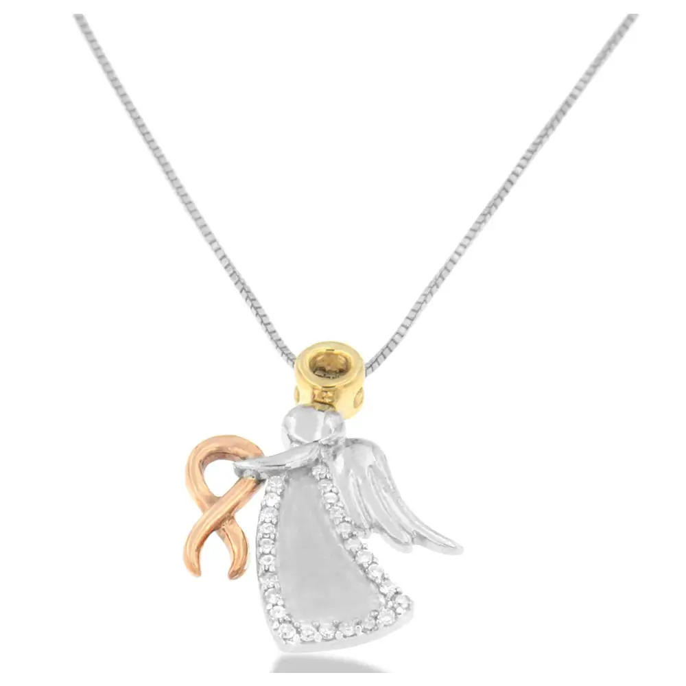 Exquisite Diamond-accented Angel Awareness Ribbon Pendant in 10k Tri-color Gold