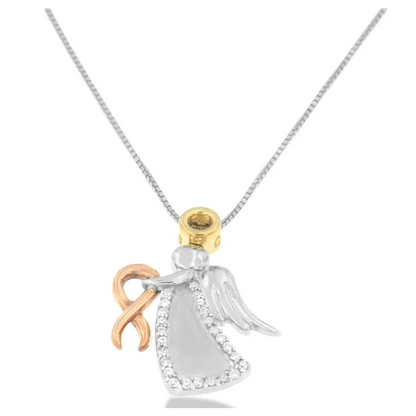 Exquisite Diamond-accented Angel Awareness Ribbon Pendant in 10k Tri-color Gold