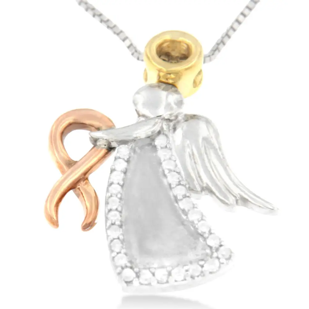 Exquisite Diamond-accented Angel Awareness Ribbon Pendant in 10k Tri-color Gold