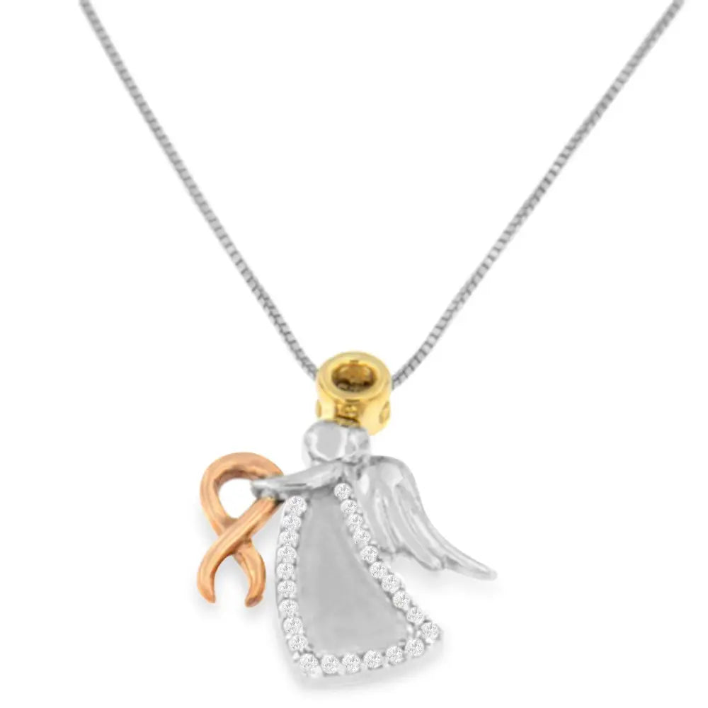 Exquisite Diamond-accented Angel Awareness Ribbon Pendant in 10k Tri-color Gold