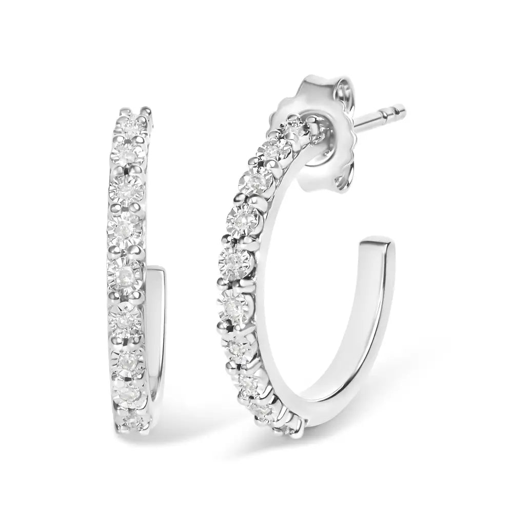 Exquisite Diamond Miracle Set J-hoop Earrings in.925 Sterling Silver